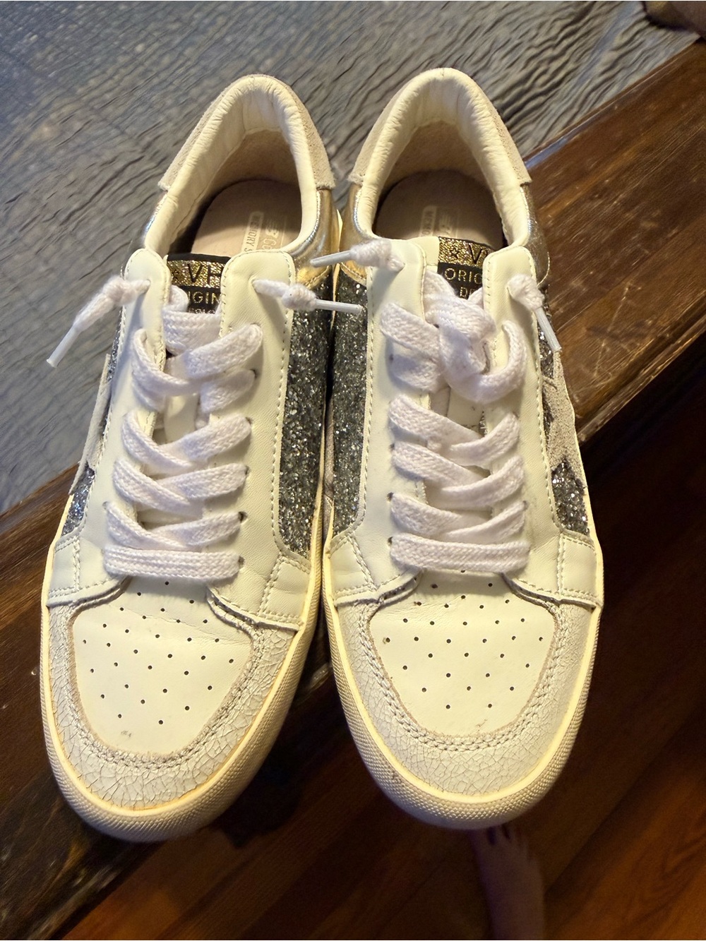 Vintage Havana White Sneakers with Silver Glitter Panels
